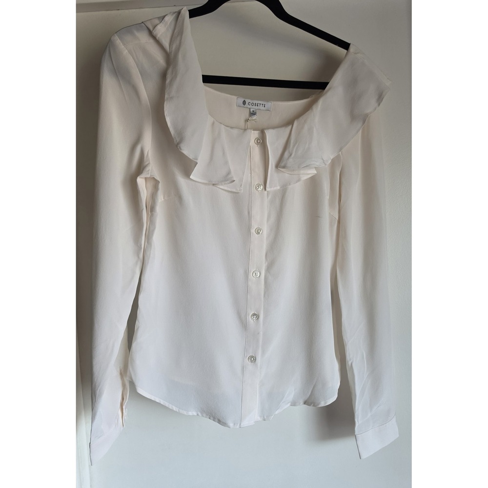NWT Cosette Blouse Size S Cream 100% Silk Collared Long Sleeve Solid Top Shirt